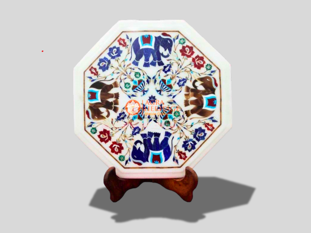 White Octagon Elephant Multi Color Floral Stone Work Table Top